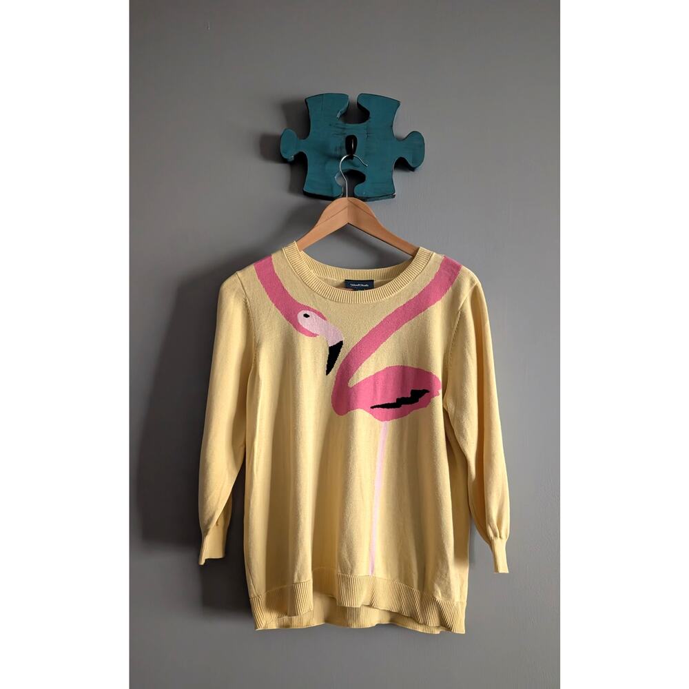 ModCloth Yellow Flamingo Knit Sweater XL Retro Whimsical Intarsia 3/4 Sleeve - Picture 15 of 15